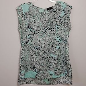 Limited paisley hi-low cap sleeve mint navy blouse